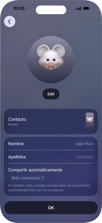 Pulsa los campos del nombre y sigue las indicaciones de la pantalla para editar el nombre del póster de contacto. Pulsa los campos del nombre y sigue las indicaciones de la pantalla para editar el nombre del póster de contacto.