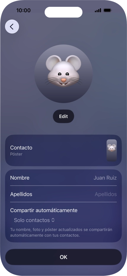 Pulsa los campos del nombre y sigue las indicaciones de la pantalla para editar el nombre del póster de contacto. Pulsa los campos del nombre y sigue las indicaciones de la pantalla para editar el nombre del póster de contacto.