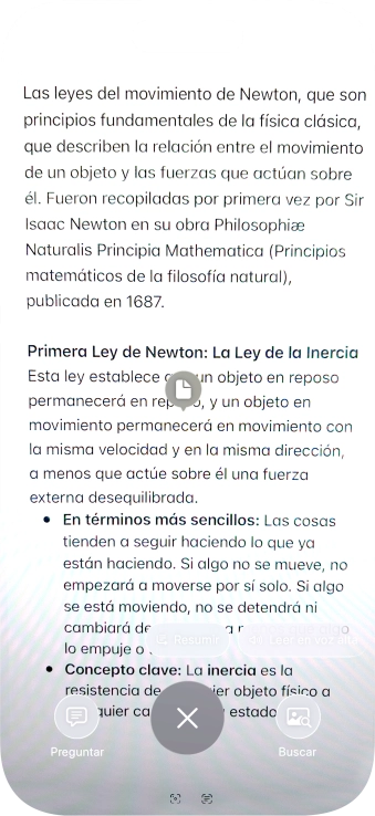 Para utilizar la inteligencia visual en un texto, fotografía el texto, pulsa el ajuste deseado y sigue las indicaciones de la pantalla para utilizar la función. Para utilizar la inteligencia visual en un texto, fotografía el texto, pulsa el ajuste deseado y sigue las indicaciones de la pantalla para utilizar la función.