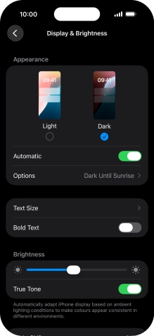 If you turn on the function, press Options and follow the instructions on the screen to select the required period of time for Dark Mode. If you turn on the function, press Options and follow the instructions on the screen to select the required period of time for Dark Mode.