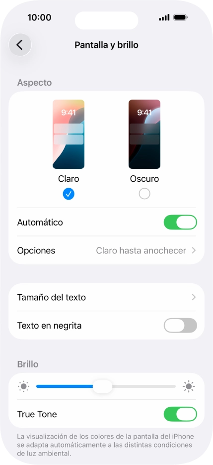 Si activas la función, pulsa Opciones y sigue las indicaciones de la pantalla para seleccionar el período de tiempo que debe durar el Modo Oscuro. Si activas la función, pulsa Opciones y sigue las indicaciones de la pantalla para seleccionar el período de tiempo que debe durar el Modo Oscuro.