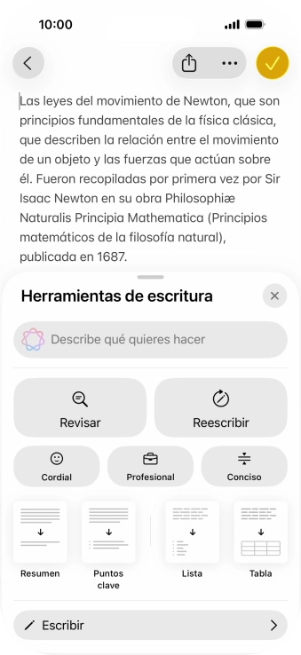 Pulsa Describe qué quieres hacer y escribe con tus propias palabras cómo quieres que se reescriba el texto. Sigue las indicaciones de la pantalla para utilizar la función. Pulsa Describe qué quieres hacer y escribe con tus propias palabras cómo quieres que se reescriba el texto. Sigue las indicaciones de la pantalla para utilizar la función.