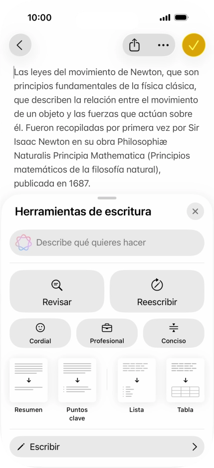 Pulsa Describe qué quieres hacer y escribe con tus propias palabras cómo quieres que se reescriba el texto. Sigue las indicaciones de la pantalla para utilizar la función. Pulsa Describe qué quieres hacer y escribe con tus propias palabras cómo quieres que se reescriba el texto. Sigue las indicaciones de la pantalla para utilizar la función.