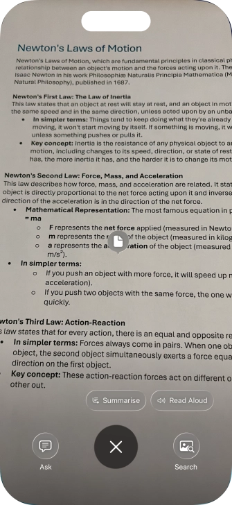 To use visual intelligence on a text, take a picture of the text, press the required setting and follow the instructions on the screen to use the function. To use visual intelligence on a text, take a picture of the text, press the required setting and follow the instructions on the screen to use the function.