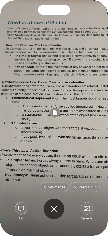 To use visual intelligence on a text, take a picture of the text, press the required setting and follow the instructions on the screen to use the function. To use visual intelligence on a text, take a picture of the text, press the required setting and follow the instructions on the screen to use the function.