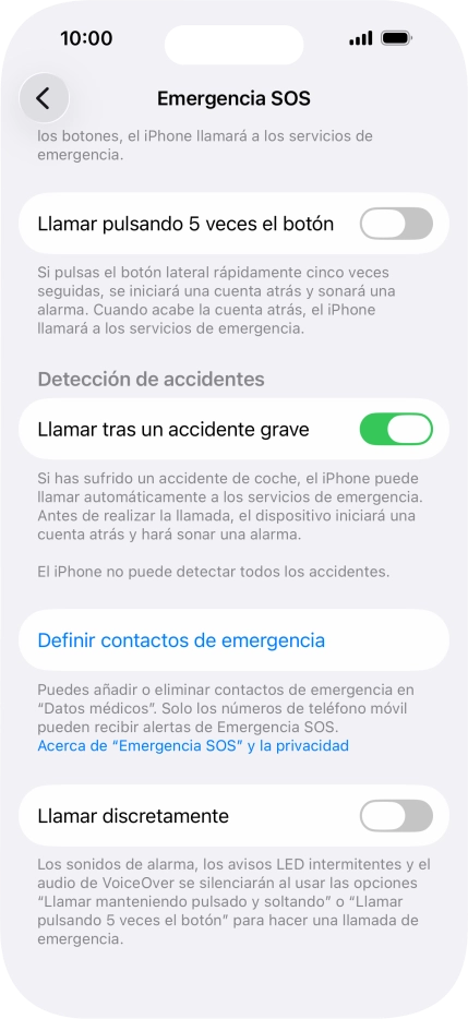 Pulsa Definir contactos de emergencia y sigue las indicaciones de la pantalla para insertar la información y tus contactos de emergencia. Pulsa Definir contactos de emergencia y sigue las indicaciones de la pantalla para insertar la información y tus contactos de emergencia.