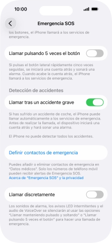 Pulsa Definir contactos de emergencia y sigue las indicaciones de la pantalla para insertar la información y tus contactos de emergencia. Pulsa Definir contactos de emergencia y sigue las indicaciones de la pantalla para insertar la información y tus contactos de emergencia.