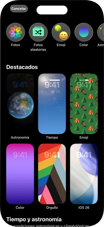 Pulsa una categoría y sigue las indicaciones de la pantalla para seleccionar la imagen de fondo deseada. Pulsa una categoría y sigue las indicaciones de la pantalla para seleccionar la imagen de fondo deseada.
