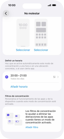 Pulsa Añadir horario y sigue las indicaciones de la pantalla para seleccionar los ajustes de la activación automática de No molestar. Pulsa Añadir horario y sigue las indicaciones de la pantalla para seleccionar los ajustes de la activación automática de No molestar.