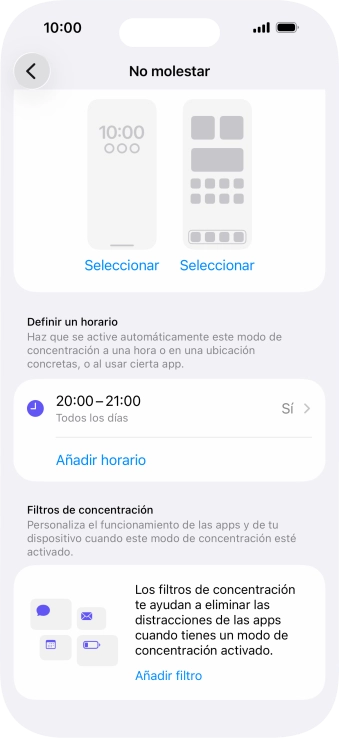 Pulsa Añadir horario y sigue las indicaciones de la pantalla para seleccionar los ajustes de la activación automática de No molestar. Pulsa Añadir horario y sigue las indicaciones de la pantalla para seleccionar los ajustes de la activación automática de No molestar.