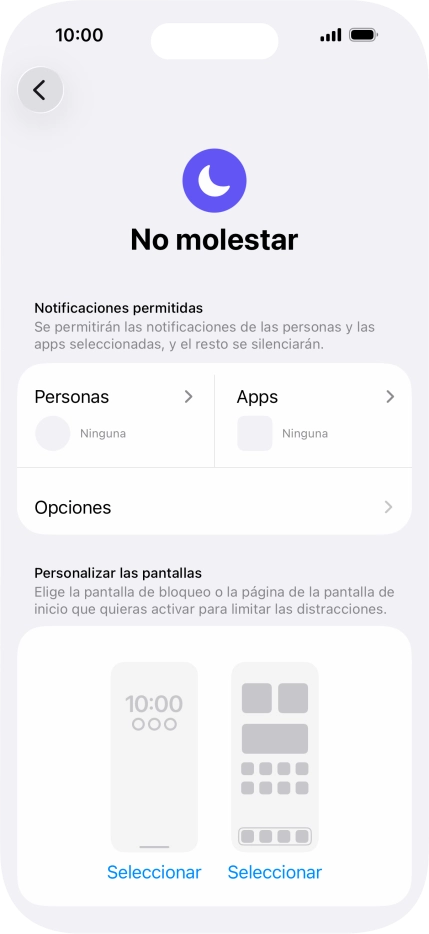 Pulsa Personas y sigue las indicaciones de la pantalla para seleccionar de qué contactos quieres recibir llamadas y notificaciones cuando No molestar está activado. Pulsa Personas y sigue las indicaciones de la pantalla para seleccionar de qué contactos quieres recibir llamadas y notificaciones cuando No molestar está activado.