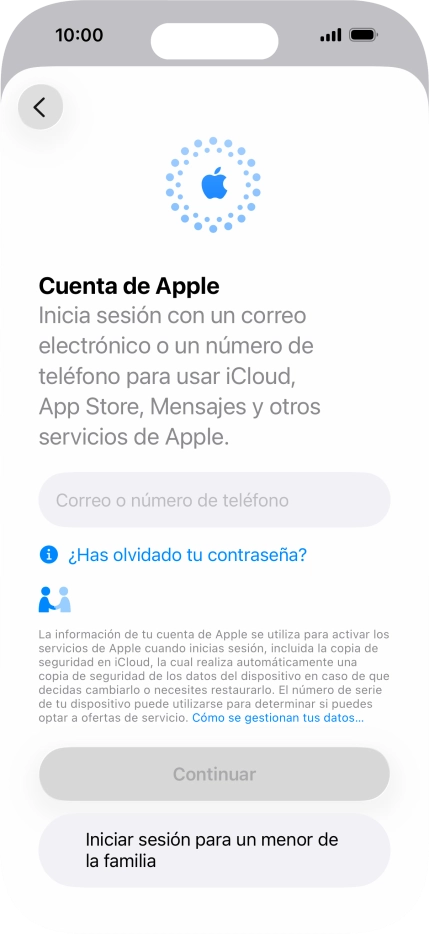 Pulsa Correo o número de teléfono e introduce el nombre de usuario de tu Cuenta de Apple. Pulsa Correo o número de teléfono e introduce el nombre de usuario de tu Cuenta de Apple.
