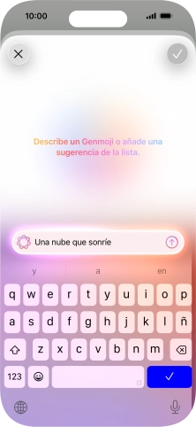 Escribe con tus propias palabras cómo tiene que ser el Genmoji y pulsa la flecha hacia arriba. Escribe con tus propias palabras cómo tiene que ser el Genmoji y pulsa la flecha hacia arriba.
