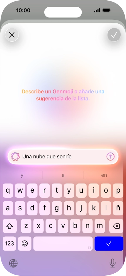 Escribe con tus propias palabras cómo tiene que ser el Genmoji y pulsa la flecha hacia arriba. Escribe con tus propias palabras cómo tiene que ser el Genmoji y pulsa la flecha hacia arriba.
