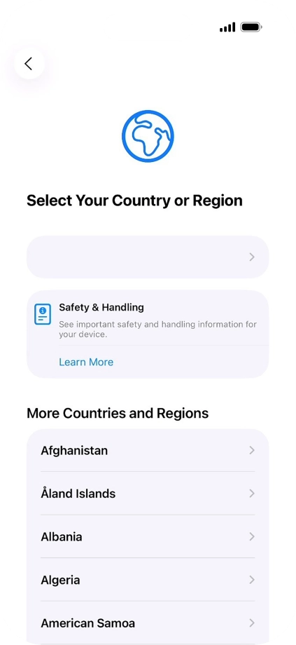 Press the required country or area. Press the required country or area.