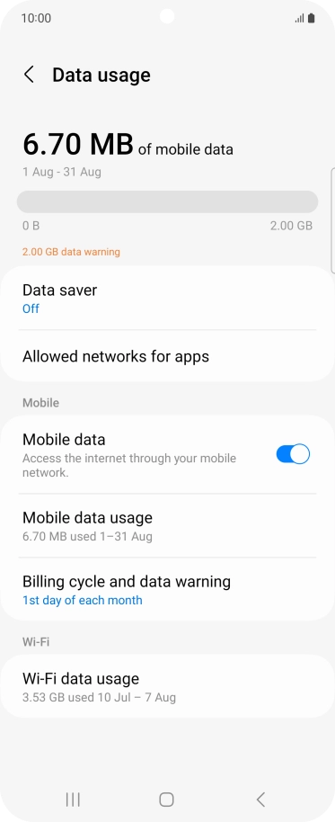 The total data usage is displayed. The total data usage is displayed.
