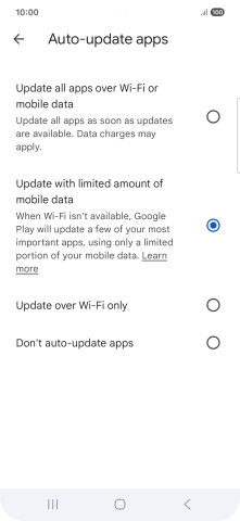 To turn on automatic update of apps using mobile network, press Update all apps over Wi-Fi or mobile data. To turn on automatic update of apps using mobile network, press Update all apps over Wi-Fi or mobile data.