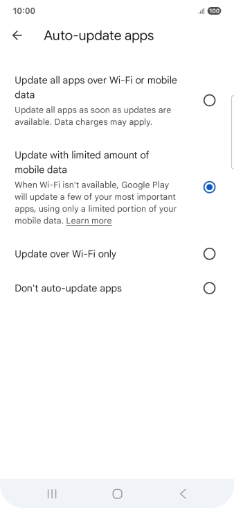 To turn on automatic update of apps using mobile network, press Update all apps over Wi-Fi or mobile data. To turn on automatic update of apps using mobile network, press Update all apps over Wi-Fi or mobile data.