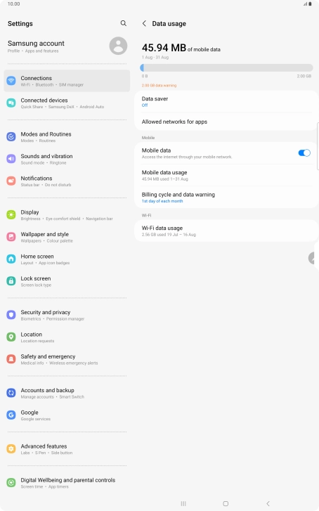 The total data usage is displayed. The total data usage is displayed.