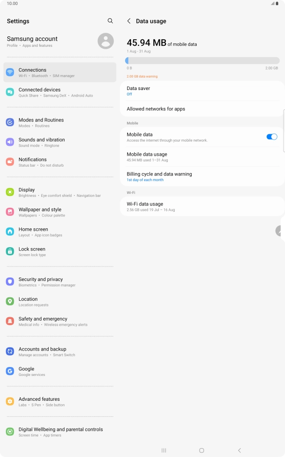 The total data usage is displayed. The total data usage is displayed.