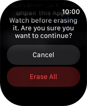 Press Erase All. Wait a moment while the factory default settings are restored. Follow the instructions on the screen to set up your Apple Watch and prepare it for use. Press Erase All. Wait a moment while the factory default settings are restored. Follow the instructions on the screen to set up your Apple Watch and prepare it for use.