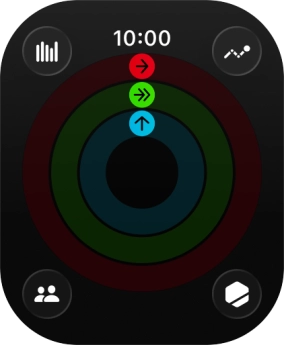 The screen will tell you how far you are from completing your daily activity goals. When the coloured rings are closed, you've reached the goals of your daily activity. The screen will tell you how far you are from completing your daily activity goals. When the coloured rings are closed, you've reached the goals of your daily activity.