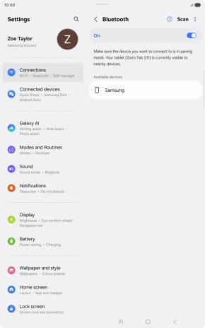 Press the required Bluetooth device and follow the instructions on the screen to pair the device with your tablet. Press the required Bluetooth device and follow the instructions on the screen to pair the device with your tablet.