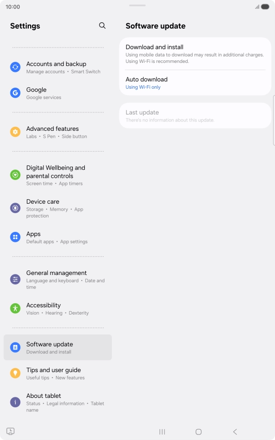 Press Download and install. If a new software version is available, it's displayed. Follow the instructions on the screen to update the tablet software. Press Download and install. If a new software version is available, it's displayed. Follow the instructions on the screen to update the tablet software.