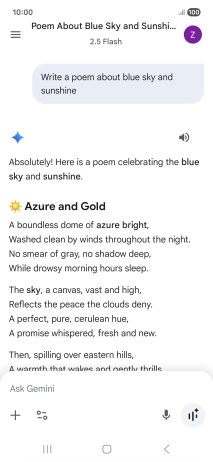 You can ask Gemini to generate a text based on your description. You can ask Gemini to generate a text based on your description.