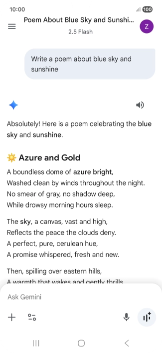 You can ask Gemini to generate a text based on your description. You can ask Gemini to generate a text based on your description.