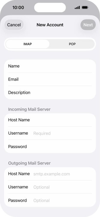 Press Username and key in the username for your email account. Press Username and key in the username for your email account.