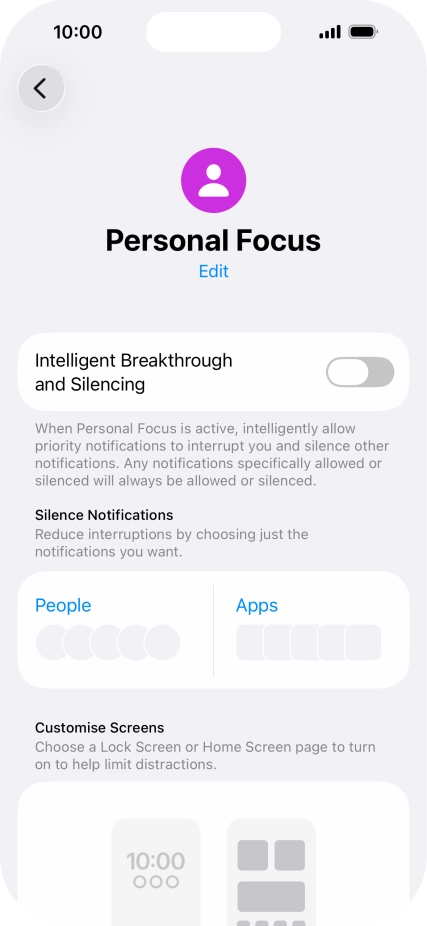 Press People and follow the instructions on the screen to select which contacts you would like to receive calls and notifications from when the selected focus mode is active. Press People and follow the instructions on the screen to select which contacts you would like to receive calls and notifications from when the selected focus mode is active.