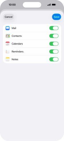 Press the indicators next to the required data types to turn synchronisation of each data type on or off. Press the indicators next to the required data types to turn synchronisation of each data type on or off.