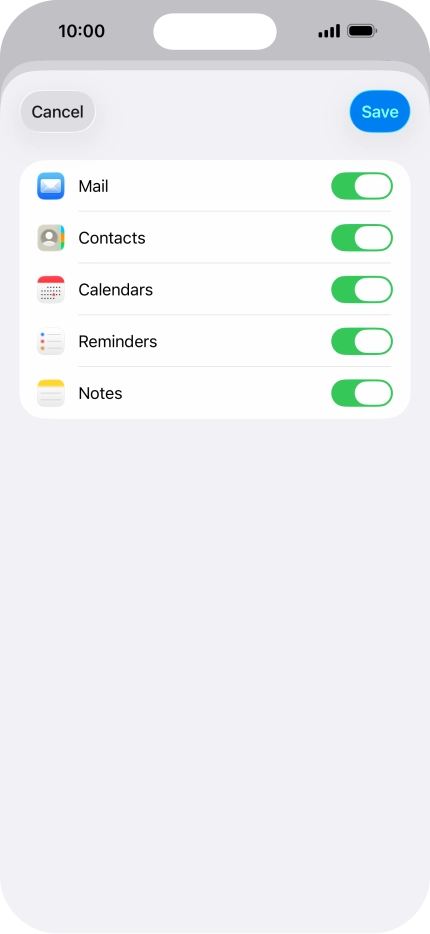 Press the indicators next to the required data types to turn synchronisation of each data type on or off. Press the indicators next to the required data types to turn synchronisation of each data type on or off.