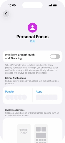 Press People and follow the instructions on the screen to select which contacts you would like to receive calls and notifications from when the selected focus mode is active. Press People and follow the instructions on the screen to select which contacts you would like to receive calls and notifications from when the selected focus mode is active.