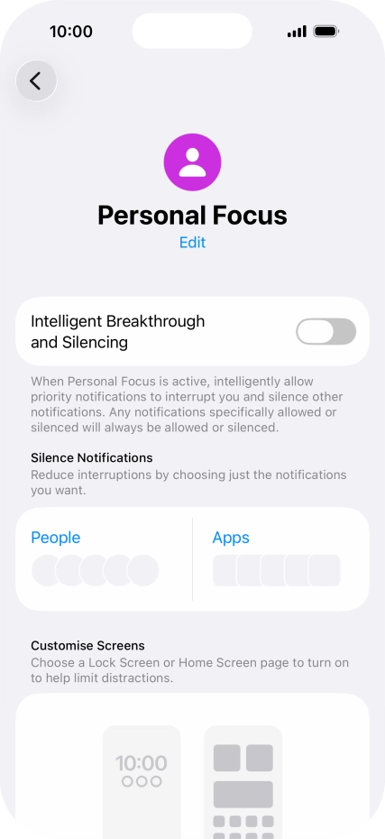 Press People and follow the instructions on the screen to select which contacts you would like to receive calls and notifications from when the selected focus mode is active. Press People and follow the instructions on the screen to select which contacts you would like to receive calls and notifications from when the selected focus mode is active.