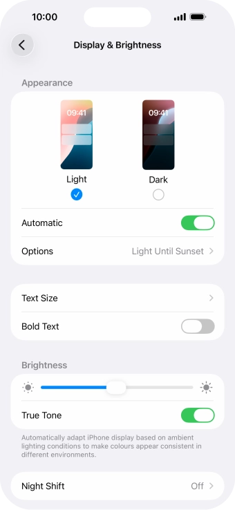 If you turn on the function, press Options and follow the instructions on the screen to select the required period of time for Dark Mode. If you turn on the function, press Options and follow the instructions on the screen to select the required period of time for Dark Mode.
