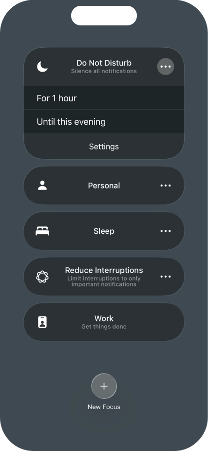 Press the required setting to activate the selected focus mode for a specified period of time or until you leave your current location. Press the required setting to activate the selected focus mode for a specified period of time or until you leave your current location.
