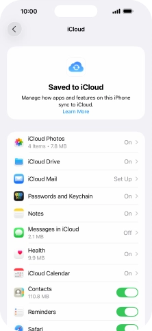 Press the indicators next to the required data types to turn synchronisation of each data type on or off. Press the indicators next to the required data types to turn synchronisation of each data type on or off.