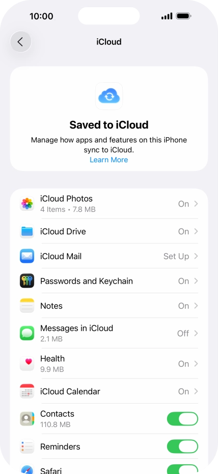 Press the indicators next to the required data types to turn synchronisation of each data type on or off. Press the indicators next to the required data types to turn synchronisation of each data type on or off.