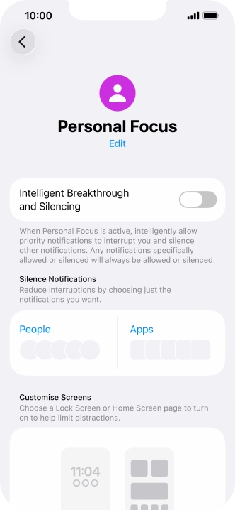 Press People and follow the instructions on the screen to select which contacts you would like to receive calls and notifications from when the selected focus mode is active. Press People and follow the instructions on the screen to select which contacts you would like to receive calls and notifications from when the selected focus mode is active.