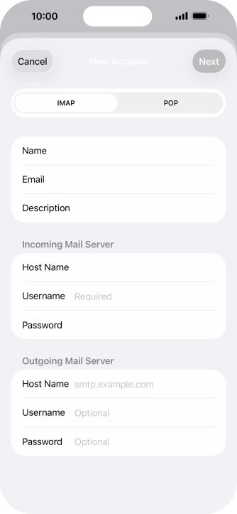 Press Username and key in the username for your email account. Press Username and key in the username for your email account.