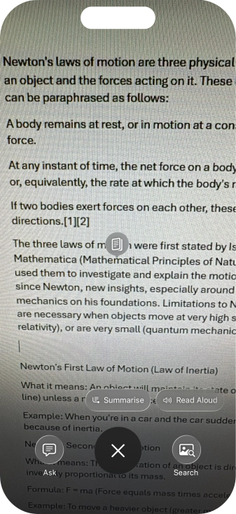 To use visual intelligence on a text, take a picture of the text, press the required setting and follow the instructions on the screen to use the function. To use visual intelligence on a text, take a picture of the text, press the required setting and follow the instructions on the screen to use the function.