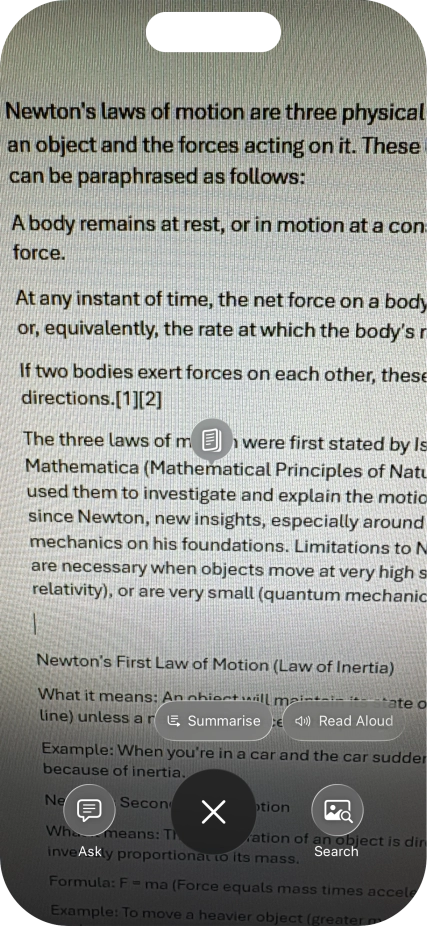 To use visual intelligence on a text, take a picture of the text, press the required setting and follow the instructions on the screen to use the function. To use visual intelligence on a text, take a picture of the text, press the required setting and follow the instructions on the screen to use the function.