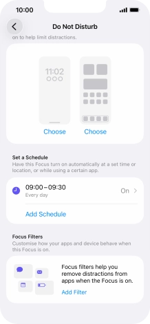 Press Add Schedule and follow the instructions on the screen to select settings for automatic activation of Do Not Disturb. Press Add Schedule and follow the instructions on the screen to select settings for automatic activation of Do Not Disturb.