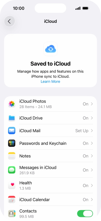 Press the indicators next to the required data types to turn synchronisation of each data type on or off. Press the indicators next to the required data types to turn synchronisation of each data type on or off.