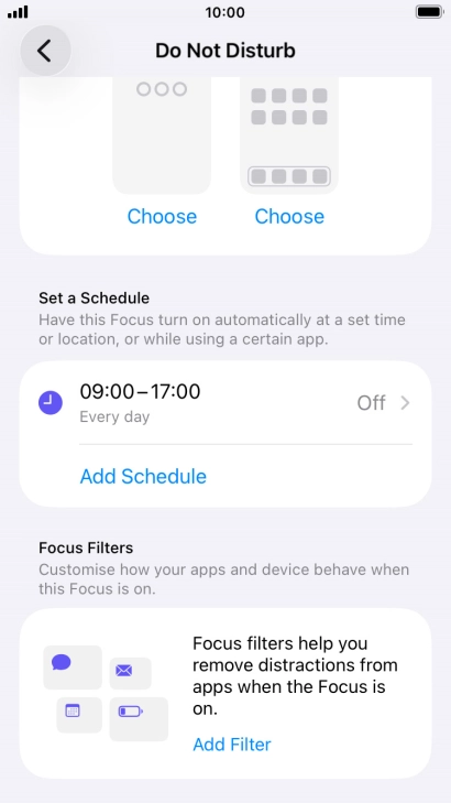Press Add Schedule and follow the instructions on the screen to select settings for automatic activation of Do Not Disturb. Press Add Schedule and follow the instructions on the screen to select settings for automatic activation of Do Not Disturb.