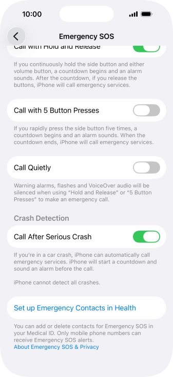 Press Set up Emergency Contacts in Health and follow the instructions on the screen to key in your emergency info and emergency contacts. Press Set up Emergency Contacts in Health and follow the instructions on the screen to key in your emergency info and emergency contacts.