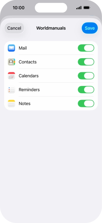 Press the indicators next to the required data types to turn synchronisation of each data type on or off. Press the indicators next to the required data types to turn synchronisation of each data type on or off.
