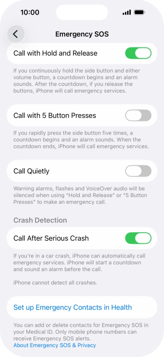 Press Set up Emergency Contacts in Health and follow the instructions on the screen to key in your emergency info and emergency contacts. Press Set up Emergency Contacts in Health and follow the instructions on the screen to key in your emergency info and emergency contacts.
